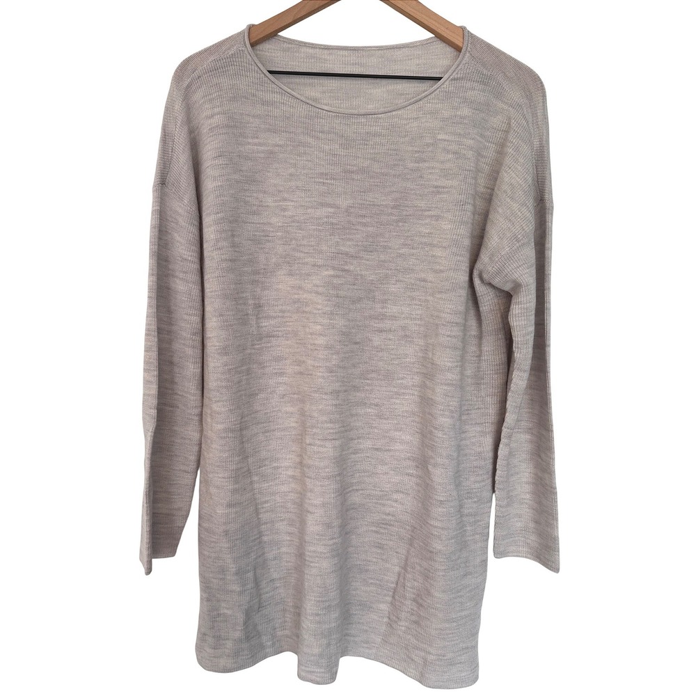 Eileen Fisher 100% Merino Wool Tunic Sweater Bateau Neck Side Slit Minimalist